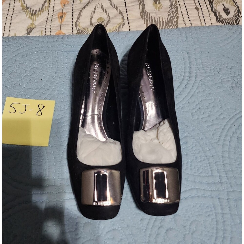 BCBGirls Women's Black Suede Wedge Heels Square Toe Slip On Buckle nwot 38